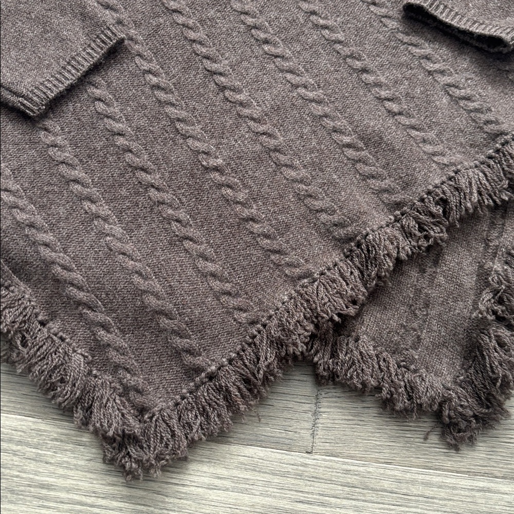 Raffi |100% Cashmere Chocolate Brown Cable Knit Scoop Neck Sweater Fringe Hem SM - Picture 3 of 14